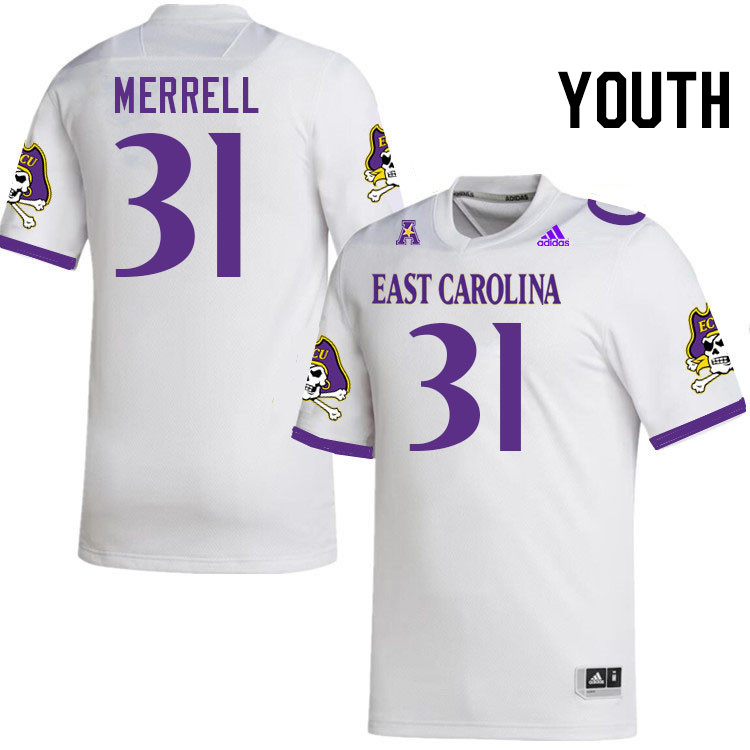 Youth #31 Kevon Merrell ECU Pirates College Football Jerseys Stitched-White